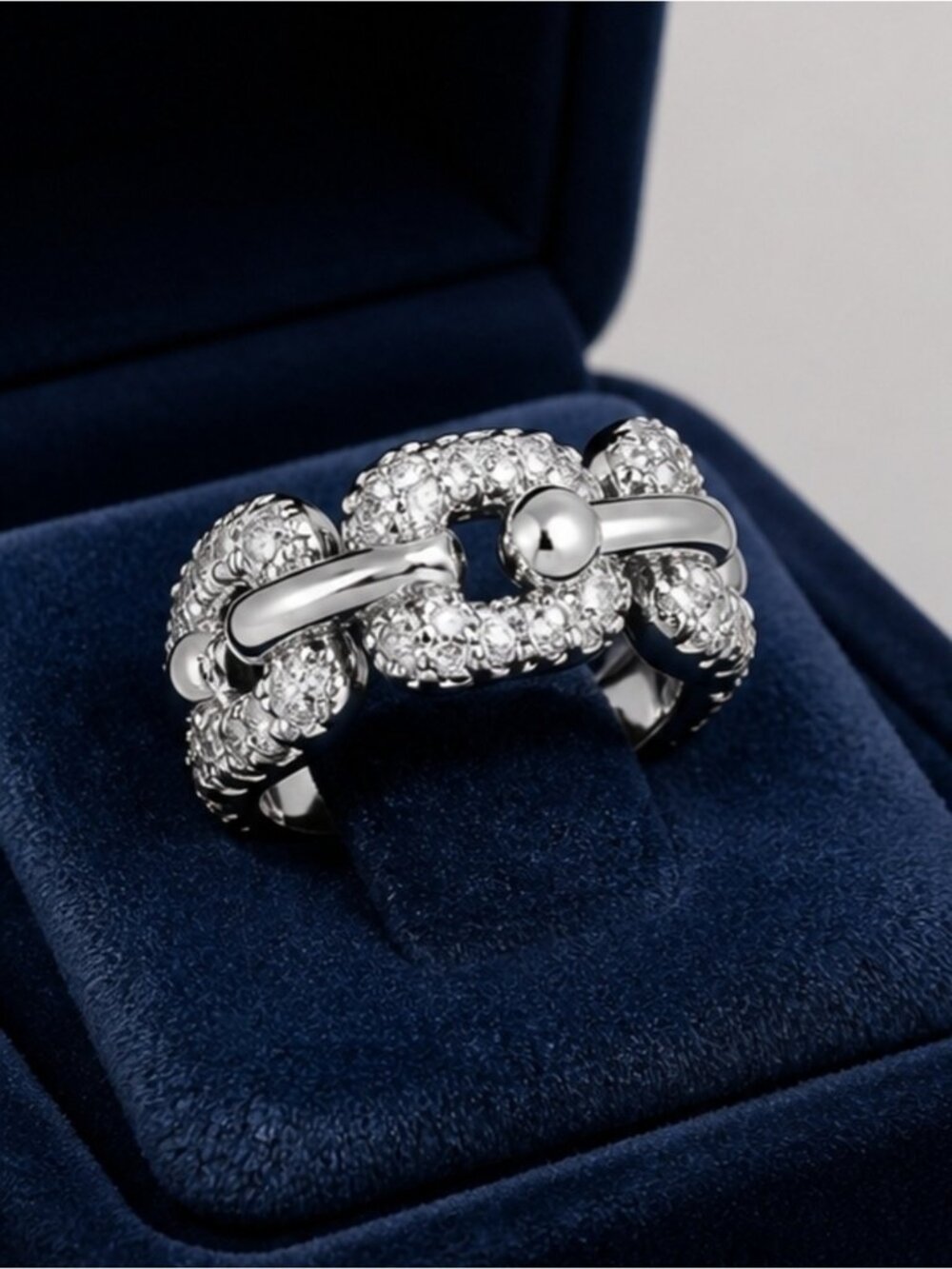 Crystal Pavé Link Ring in Silver Tone